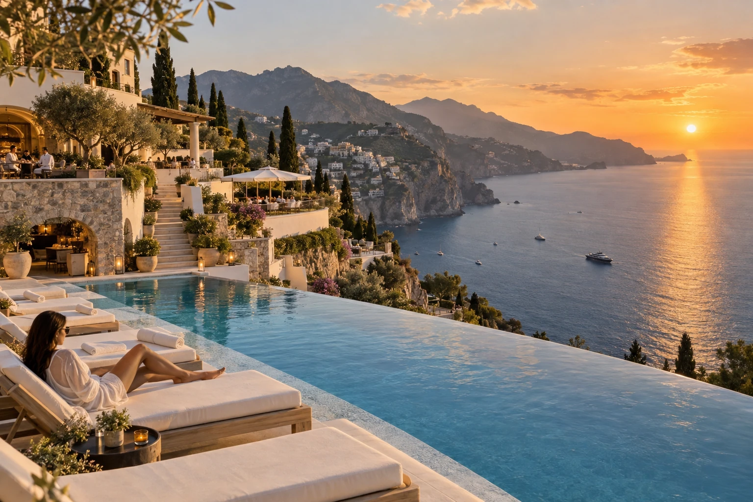 Illustrated clifftop resort and infinity pool above the sea