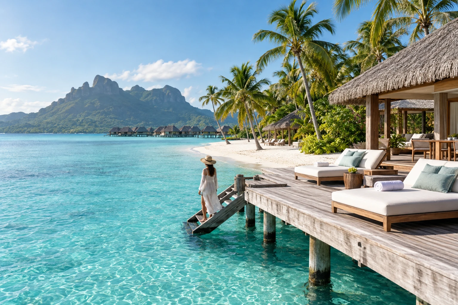 Illustrated tropical resort beside turquoise water
