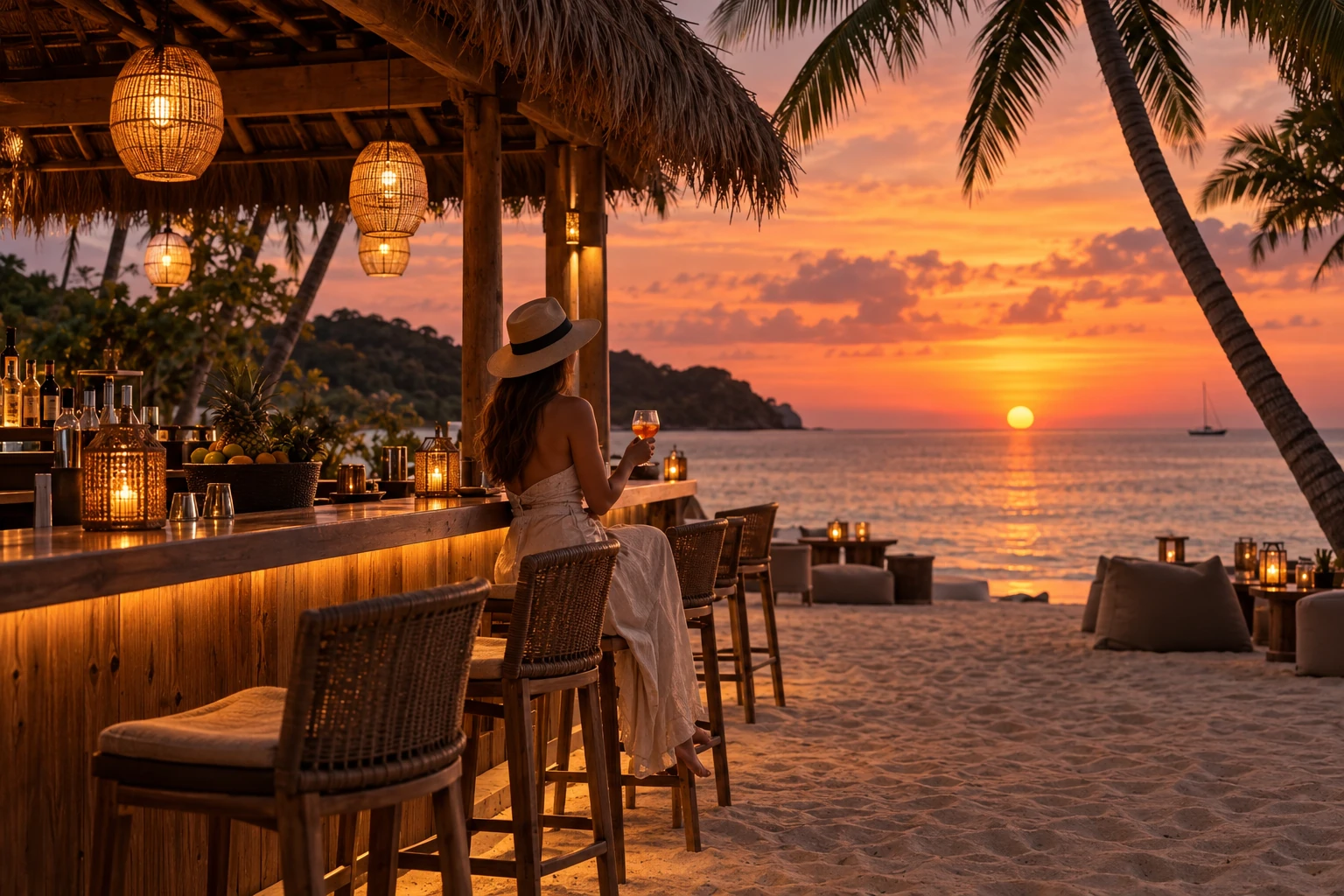 Illustrated sunset over a coastal bay